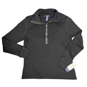 Chaps Polo Shirt Womens Large Black Faux Leather Trim Snap Long Sleeve NEW
